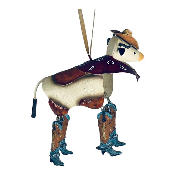 Vintage Metal Western COW ORNAMENT 5" Tin Cowboy Boots Hat Bandana Spotted Cow - Picture 4 of 4